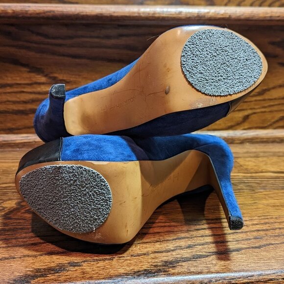H by Halston Size 6M Blue Suede Platform Stilletto High Heels Black Leather t… - Picture 6 of 8
